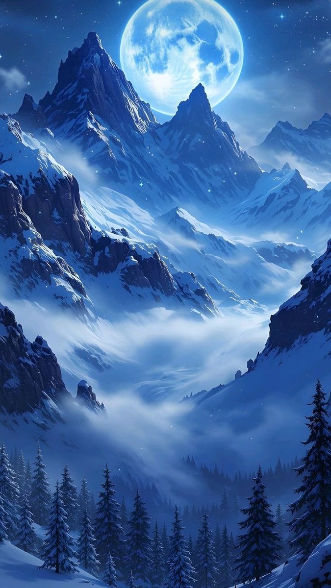 Горы в лунную ночь - ели, горы, ночь, зима, снег, луна - оригинал