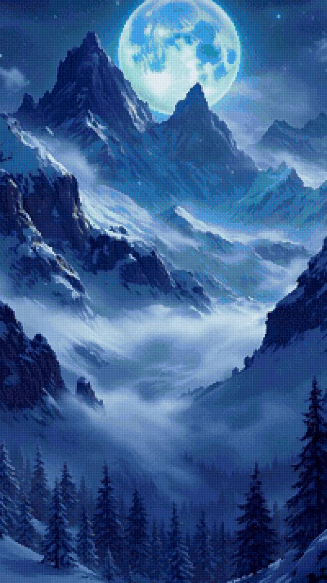 Горы в лунную ночь - зима, горы, снег, ночь, ели, луна - предпросмотр