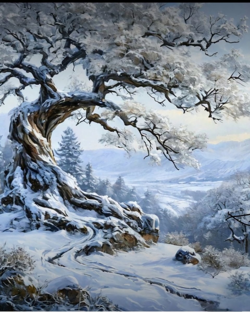 Зимнее утро - дерево, горы, снег, зима - оригинал