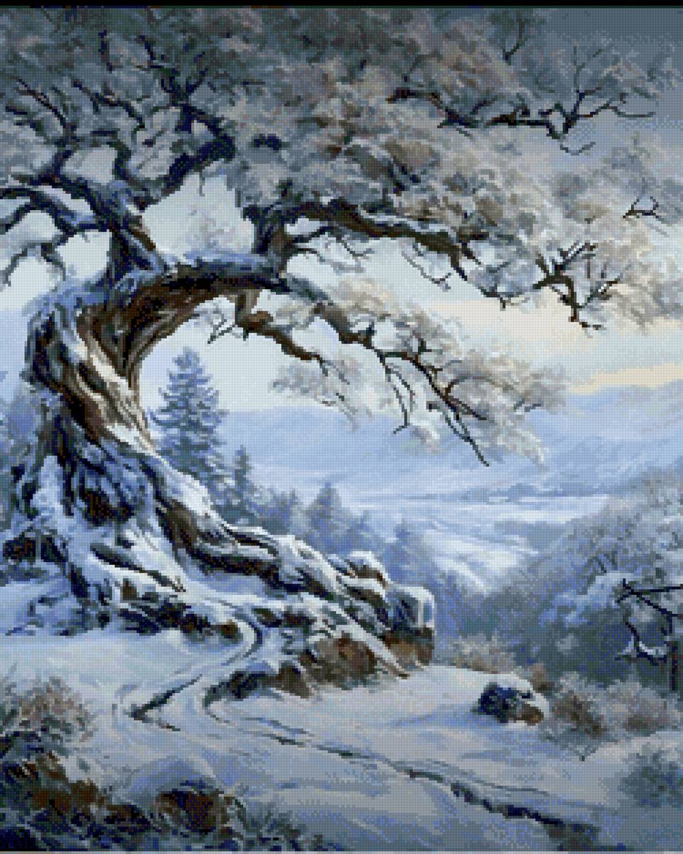 Зимнее утро - дерево, горы, снег, зима - предпросмотр