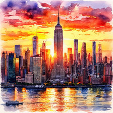 Схема вышивки «Нью-Йорк в закате солнца. Акварель»