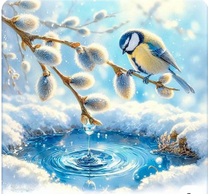 весенняя капель - лазурь, синичка, верба - оригинал