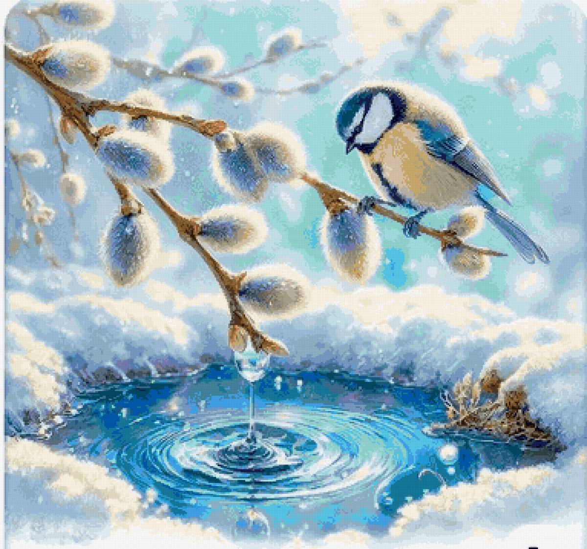 весенняя капель - синичка, лазурь, верба - предпросмотр