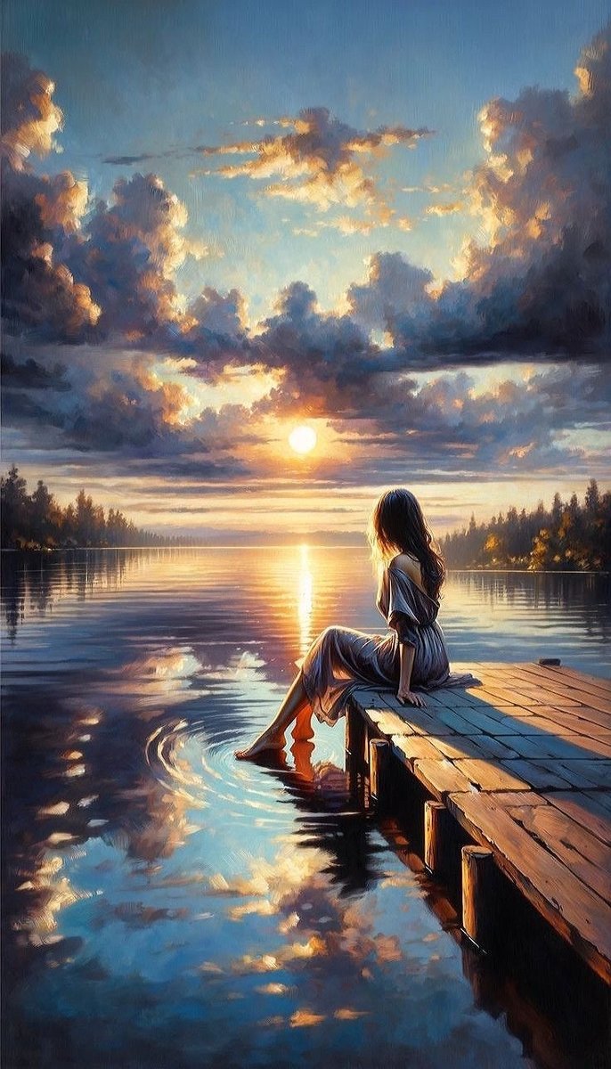 Закат и девушка - озеро, закат, причал, девушка - оригинал