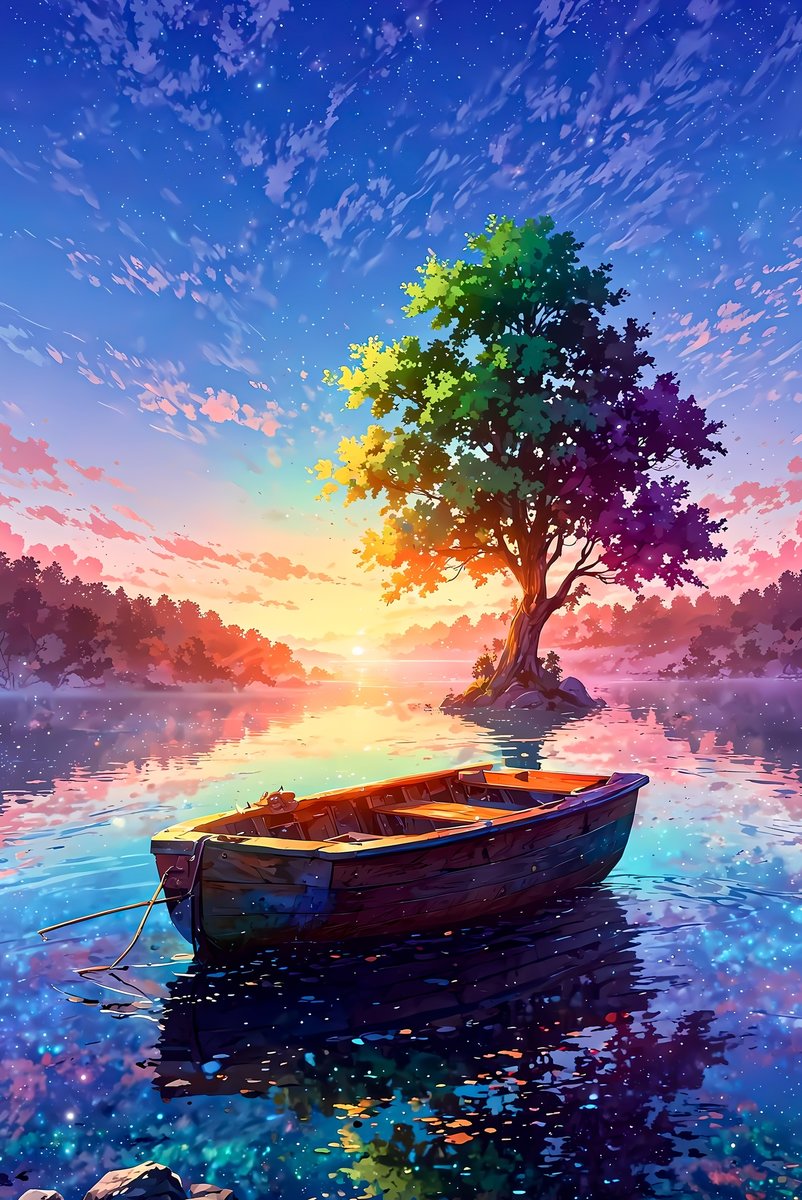 Безмятежность - природа, пруд, дерево, лодка - оригинал