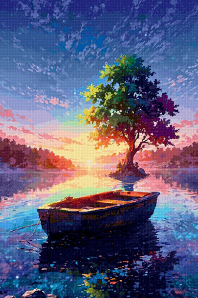 Безмятежность - лодка, пруд, природа, дерево - предпросмотр