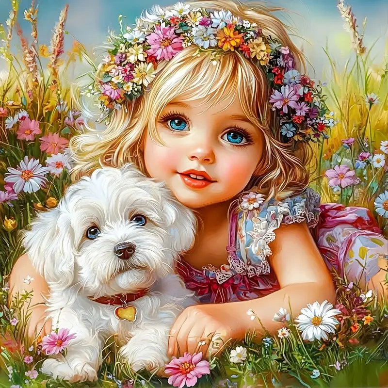 беззаботное детство - малышка, цветы, щенок - оригинал