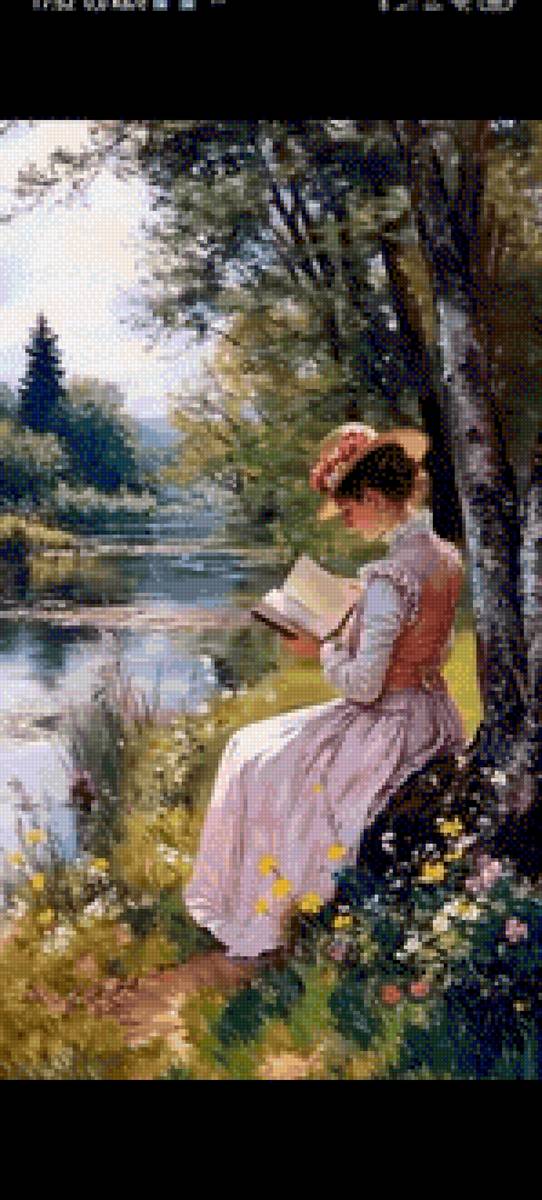 За чтением книги - деревья, цветы, река, девушка - предпросмотр
