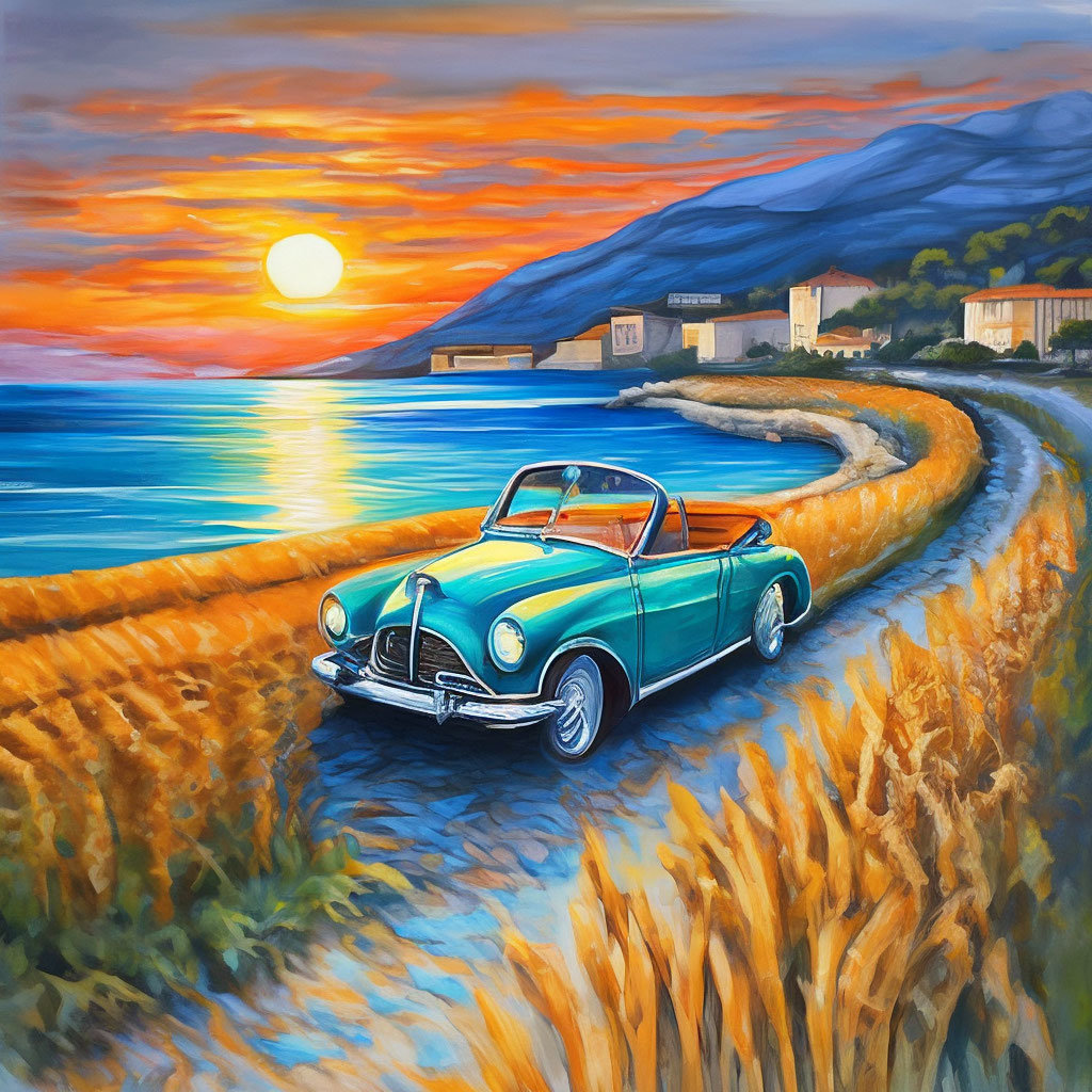 Закат - авто, ретро, море, закат, берег - оригинал