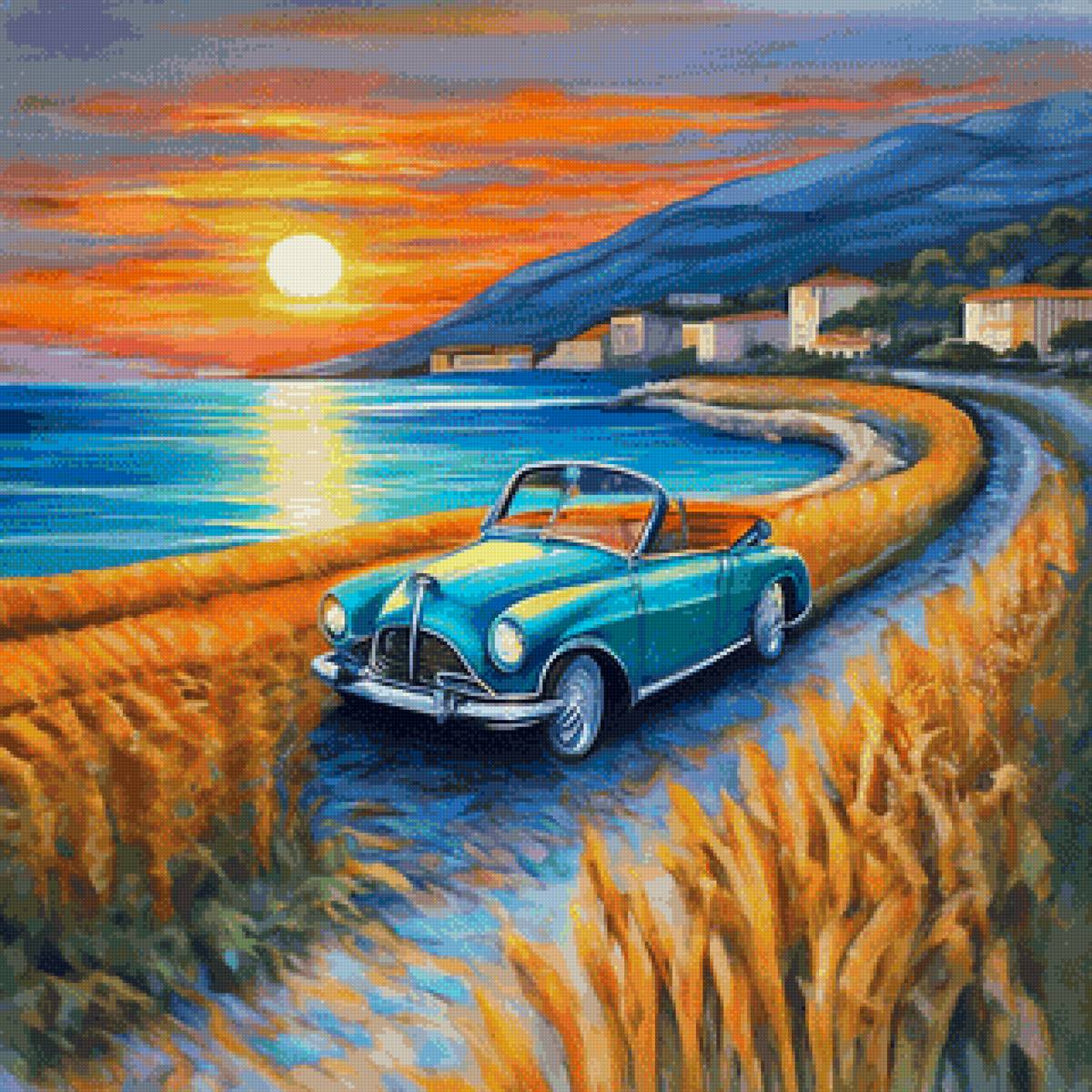 Закат - ретро, закат, море, берег, авто - предпросмотр