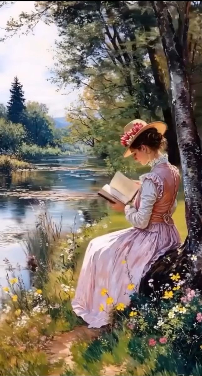 За чтением книги - цветы, девушка, река, деревья - оригинал