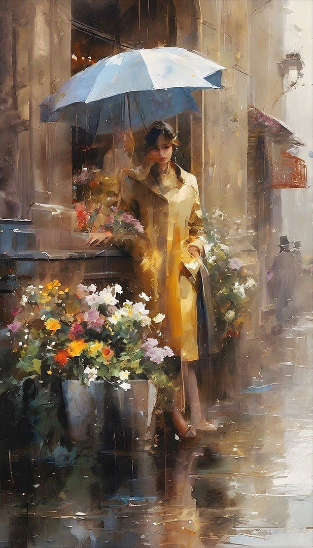 Девушка под дождем - городской пейзаж, девушка, цветы, дождь - оригинал