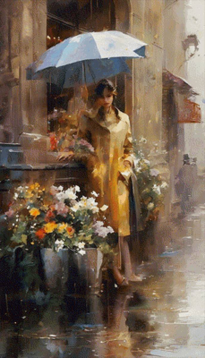 Девушка под дождем - девушка, цветы, дождь, городской пейзаж - предпросмотр