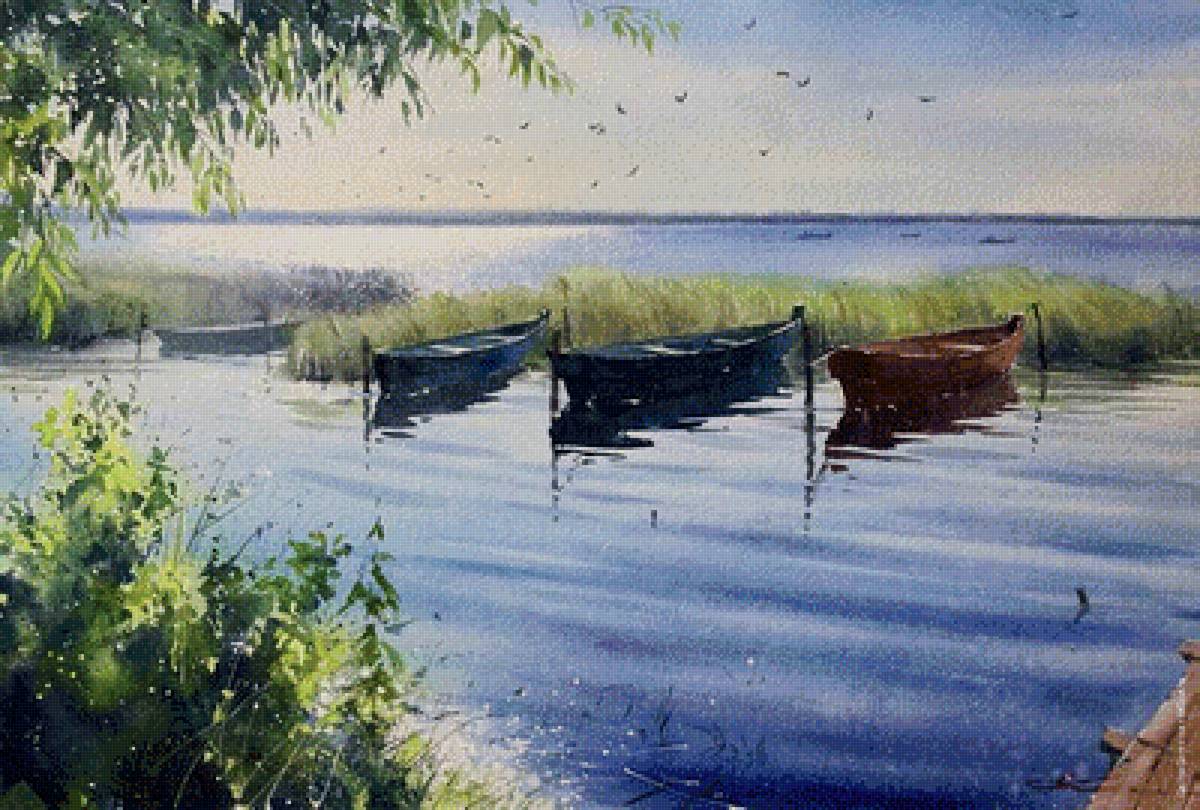 Гомзина_картина_2 - лодки, озеро, природа, картина, пейзаж, акварель - предпросмотр