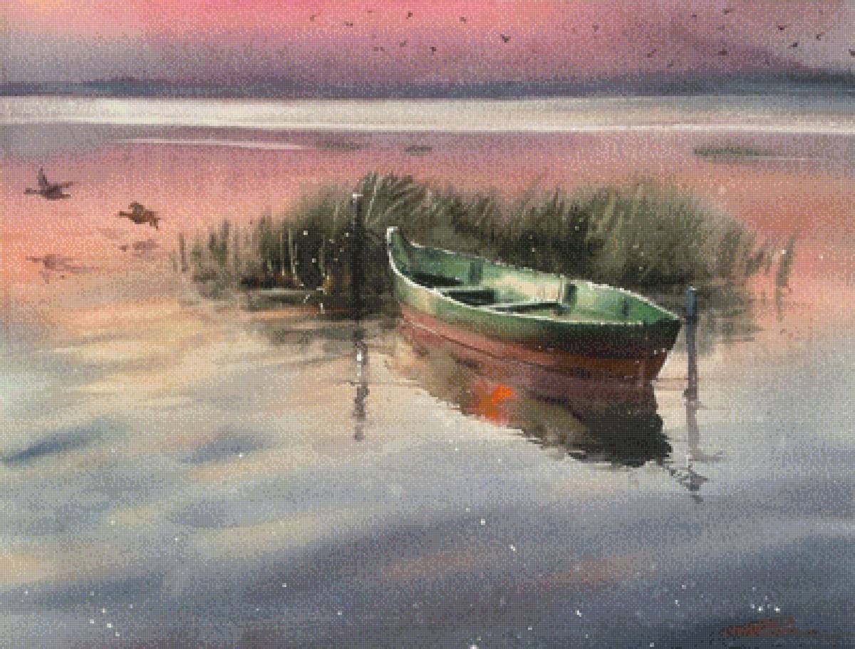 Гомзина_Медитация - пейзаж, природа, лодка, картина, озеро - предпросмотр