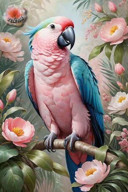 розовый попугай - попугай, цветы, джунгли, нежность, экзотика - оригинал
