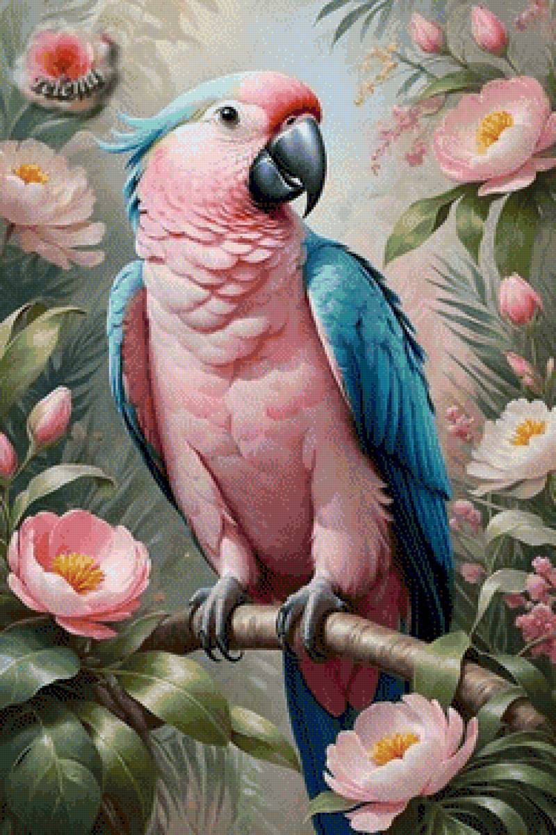 розовый попугай - цветы, джунгли, попугай, нежность, экзотика - предпросмотр