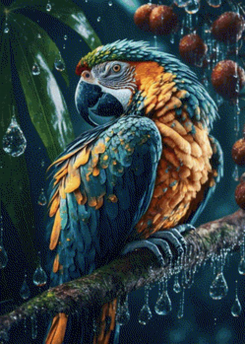 попугай в джунглях - дождь, попугай, джунгли, экзотика - предпросмотр