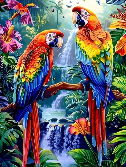 два попугая в джунглях - попугай, джунгли, яркие цвета - оригинал