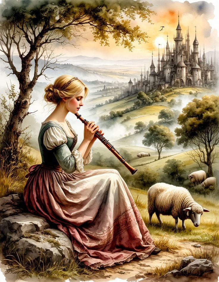 Пастушка - замок, пейзаж, овцы, девушка - оригинал