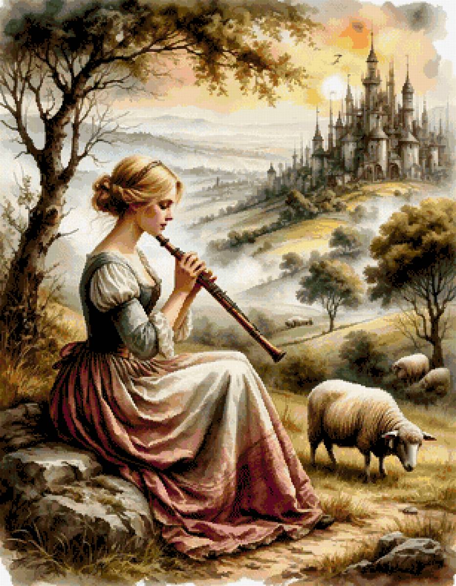 Пастушка - замок, овцы, девушка, пейзаж - предпросмотр