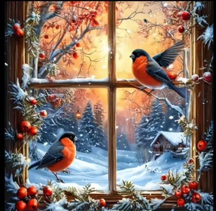 А за окном была зима - пейзаж, снегири, окошко - оригинал