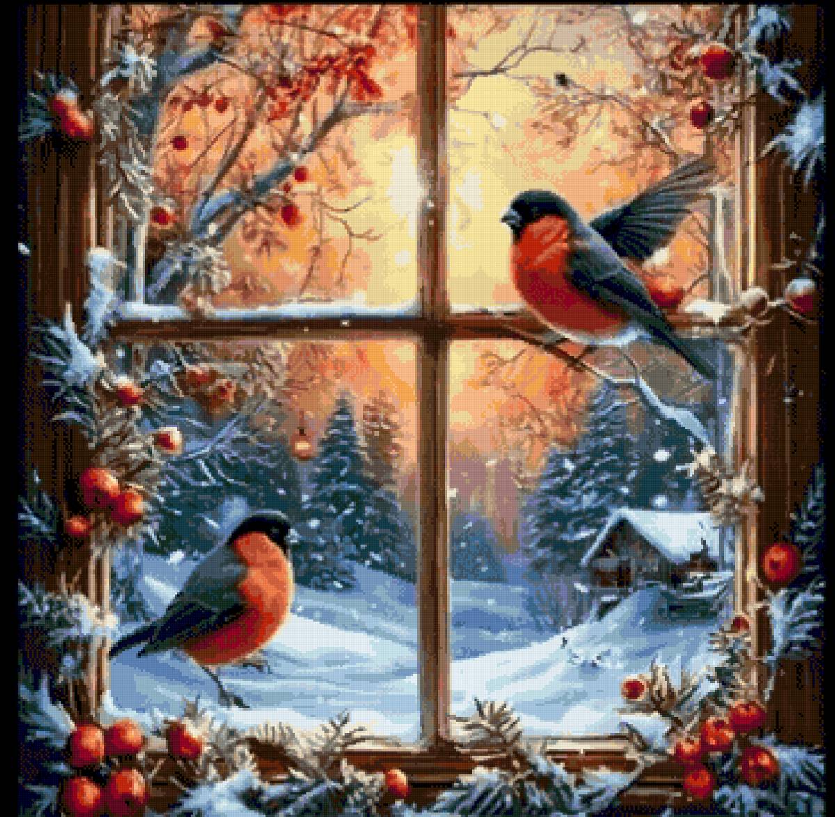 А за окном была зима - снегири, пейзаж, окошко - предпросмотр