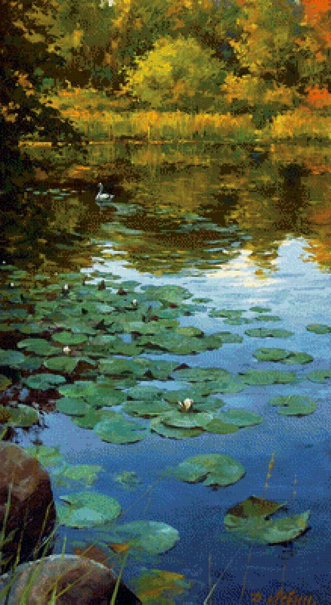 Левин - природа, река, пейзаж, картина, кувшинки - предпросмотр