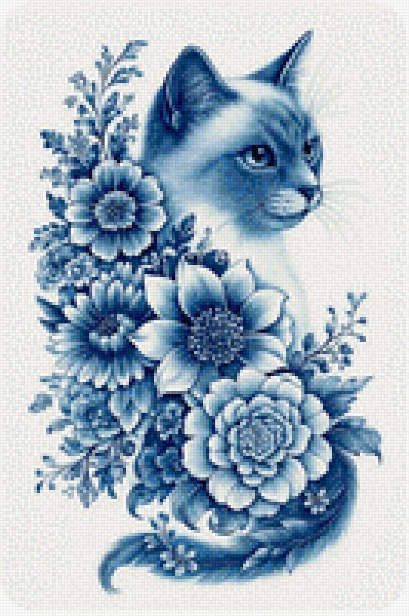 Кошка - гжель - гжель, цветы, кот, кошка - предпросмотр