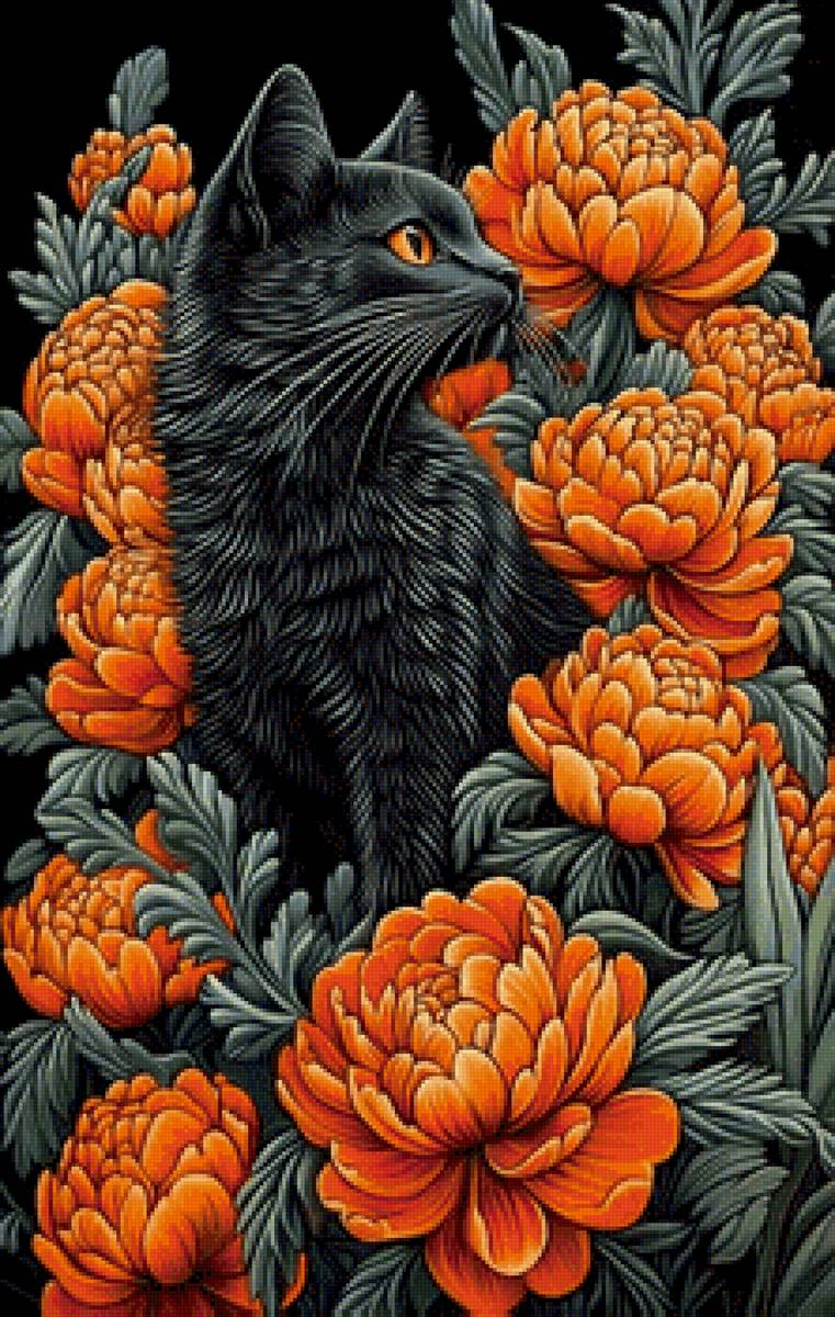 Хранитель хризантем - кот, хризантемы, домашние животные, цветы - предпросмотр