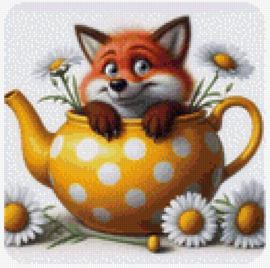 Лисёнок в чайнике - чайник, цветы, ромашки, лиса - предпросмотр