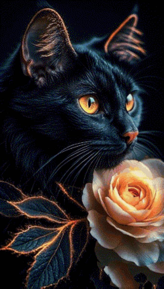 Чёрный кот - кот, роза - предпросмотр