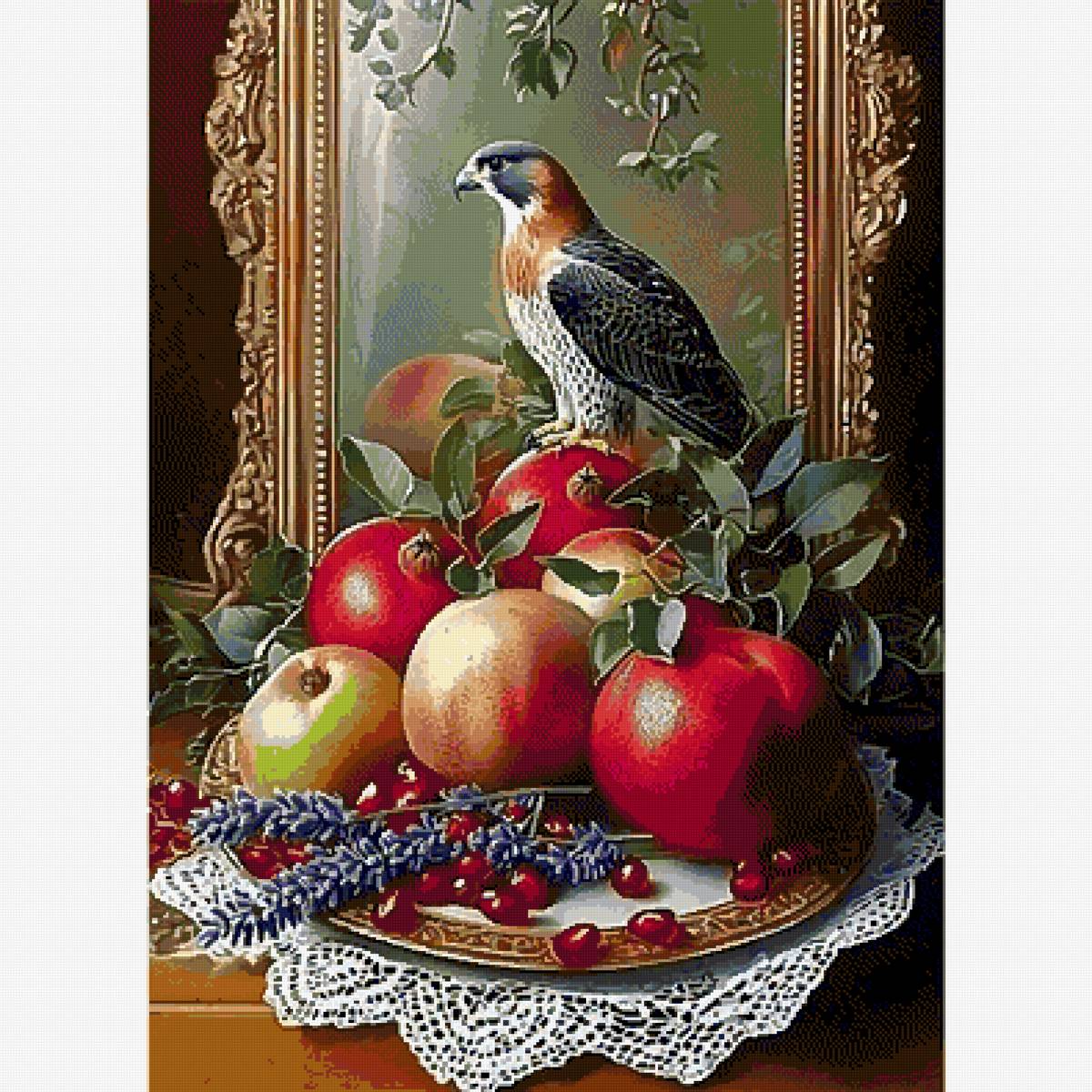 натюрморт  с фруктами и птицей - сокол, гранат, яблоко - предпросмотр