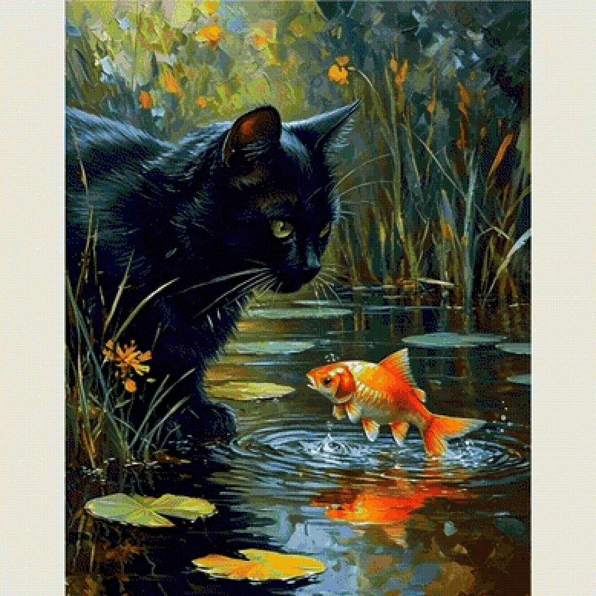 Мечты сбываются - рыбка, кот, пруд - предпросмотр