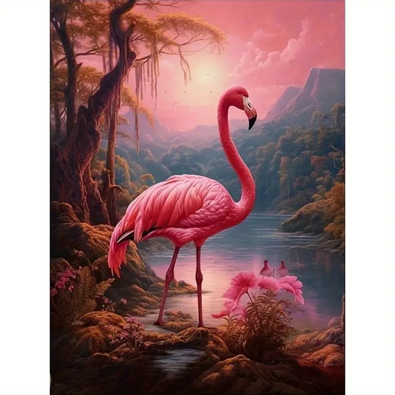 розовый фламинго - вода, закат, пейзаж - оригинал