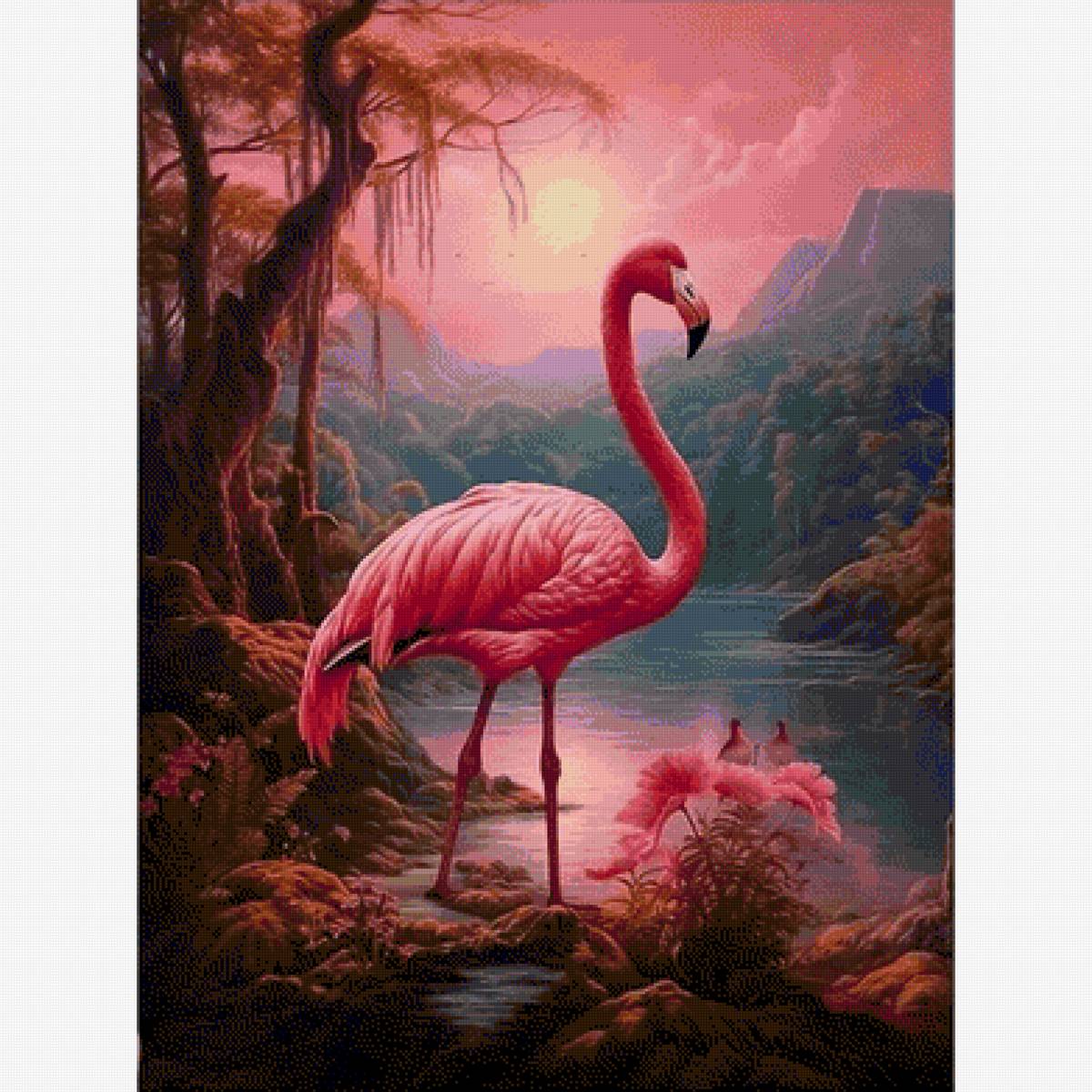 розовый фламинго - вода, закат, пейзаж - предпросмотр