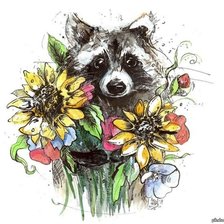 Схема вышивки «Енот с цветами2»