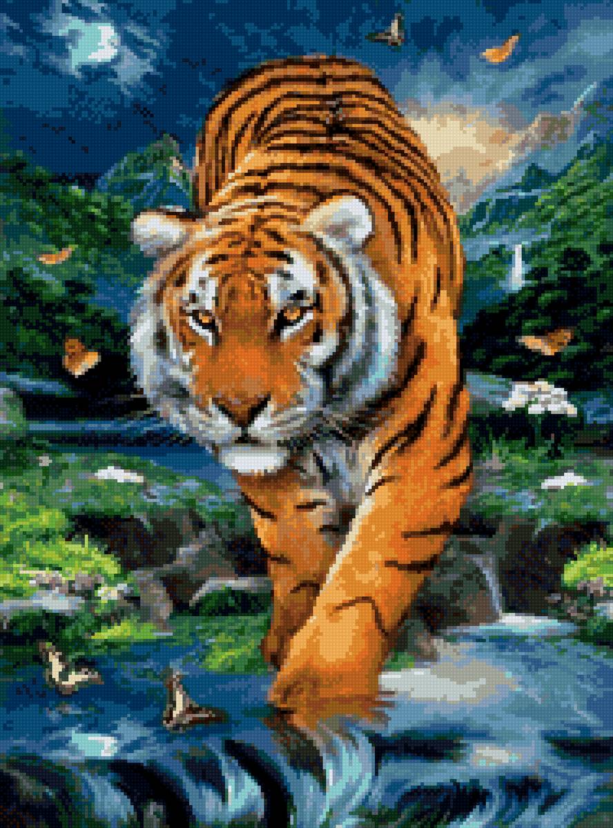 Тигр - небо, водопад, бабочки, тигр, луна - предпросмотр