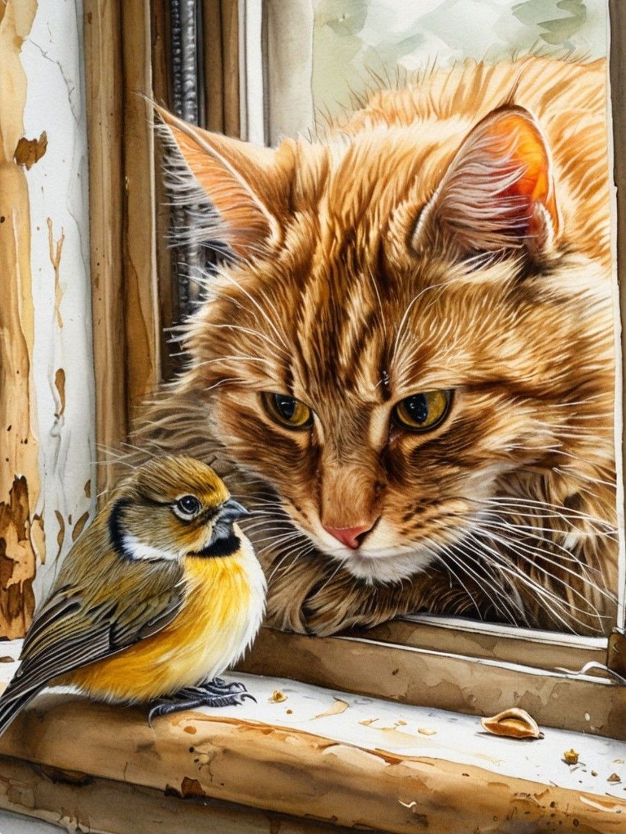 Знакомство - птица, домашние животные, кот - оригинал