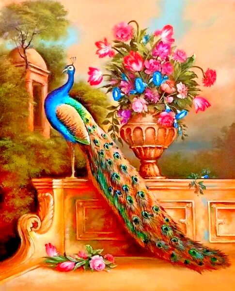 Павлин - павлин, цветы, балкон - оригинал