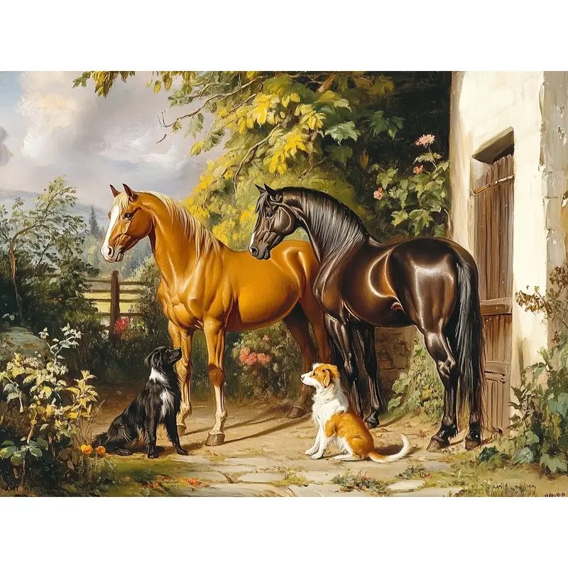 В ожидании прогулки - лошади, собаки, пейзаж - оригинал