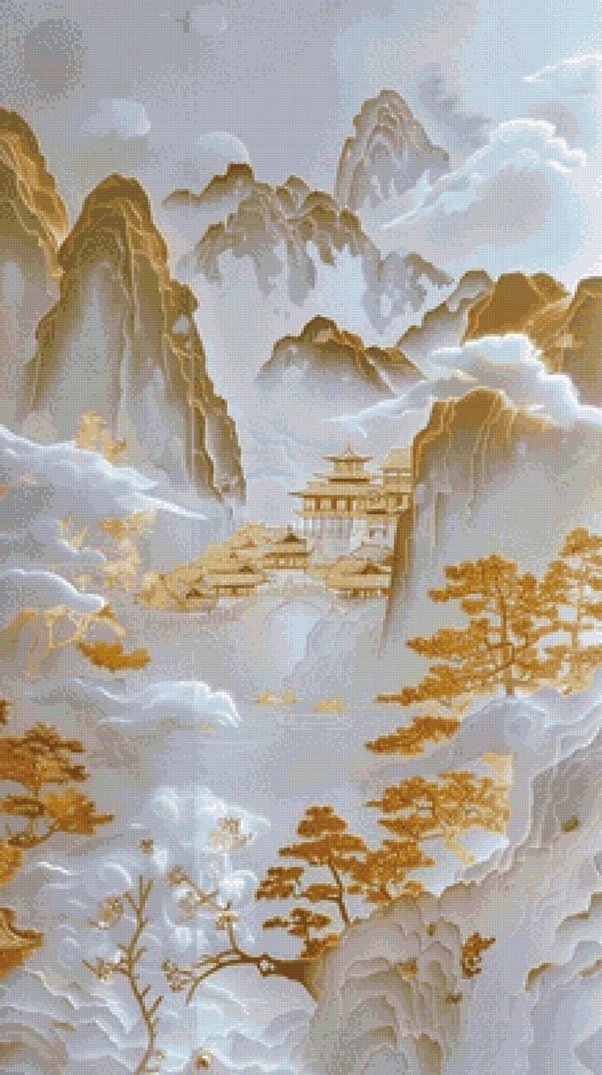 Пейзаж и золото - китай, горы, пейзаж, золото - предпросмотр