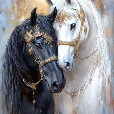 Схема вышивки «Пара лошадей в золотой узде»