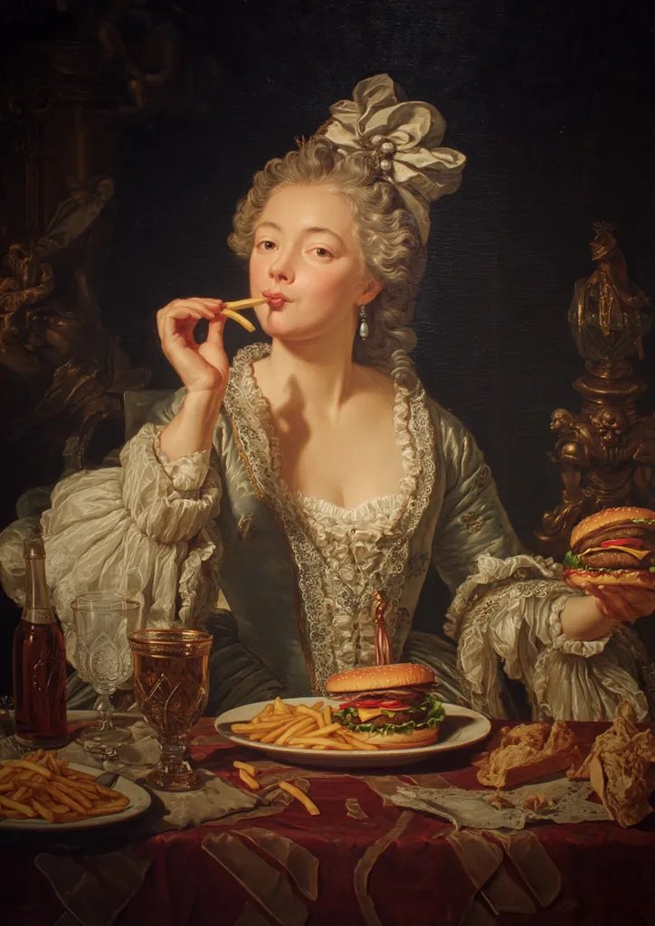 Woman in 18th-century dress eats modern fast food - оригинал