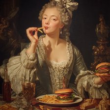 Woman in 18th-century dress eats modern fast food