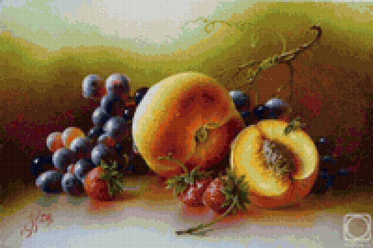 Натюрморт - ваза клубника, яблоки виноград - предпросмотр