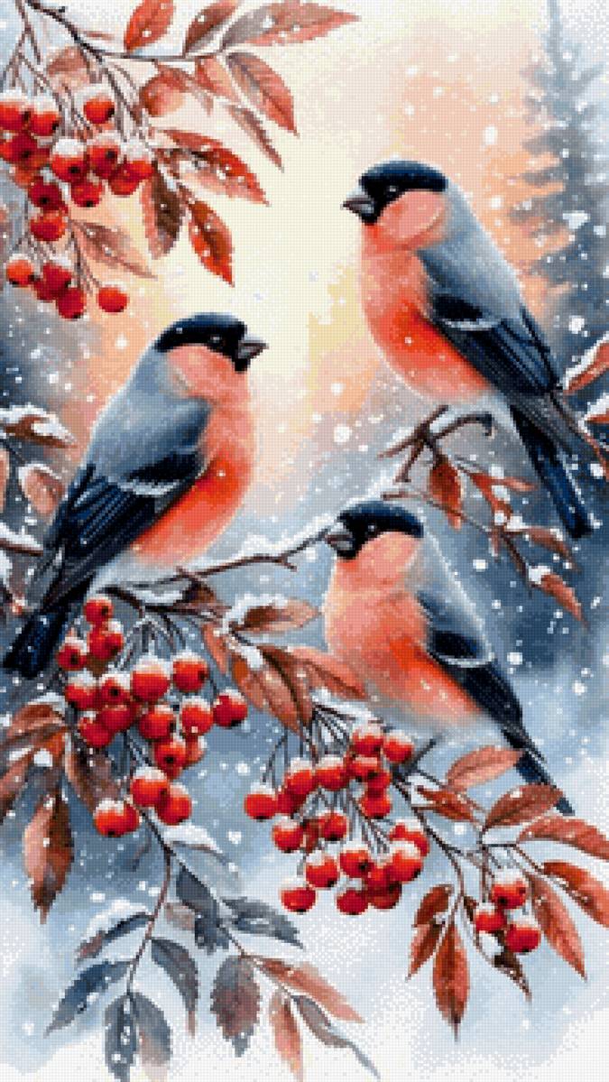 Снегири - снег, птицы, зима, снегири, ягоды - предпросмотр