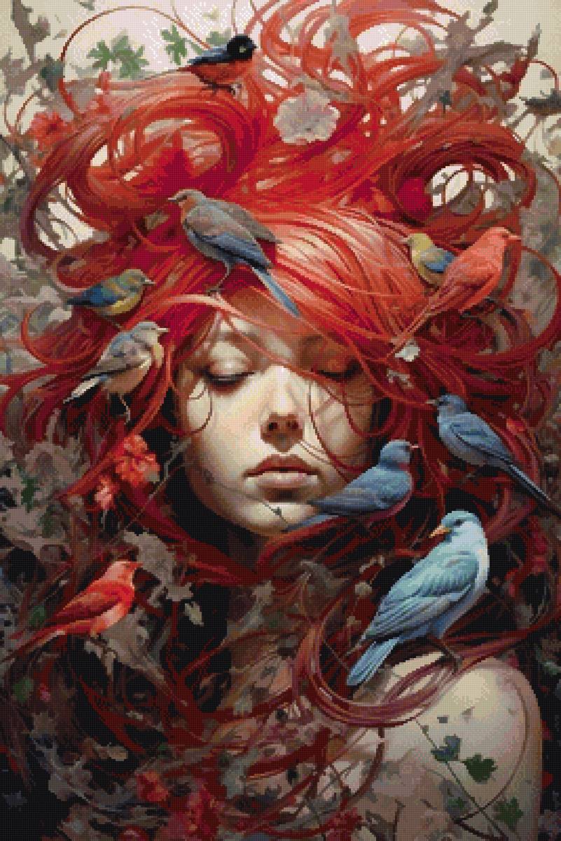 Девушка и птицы - предпросмотр