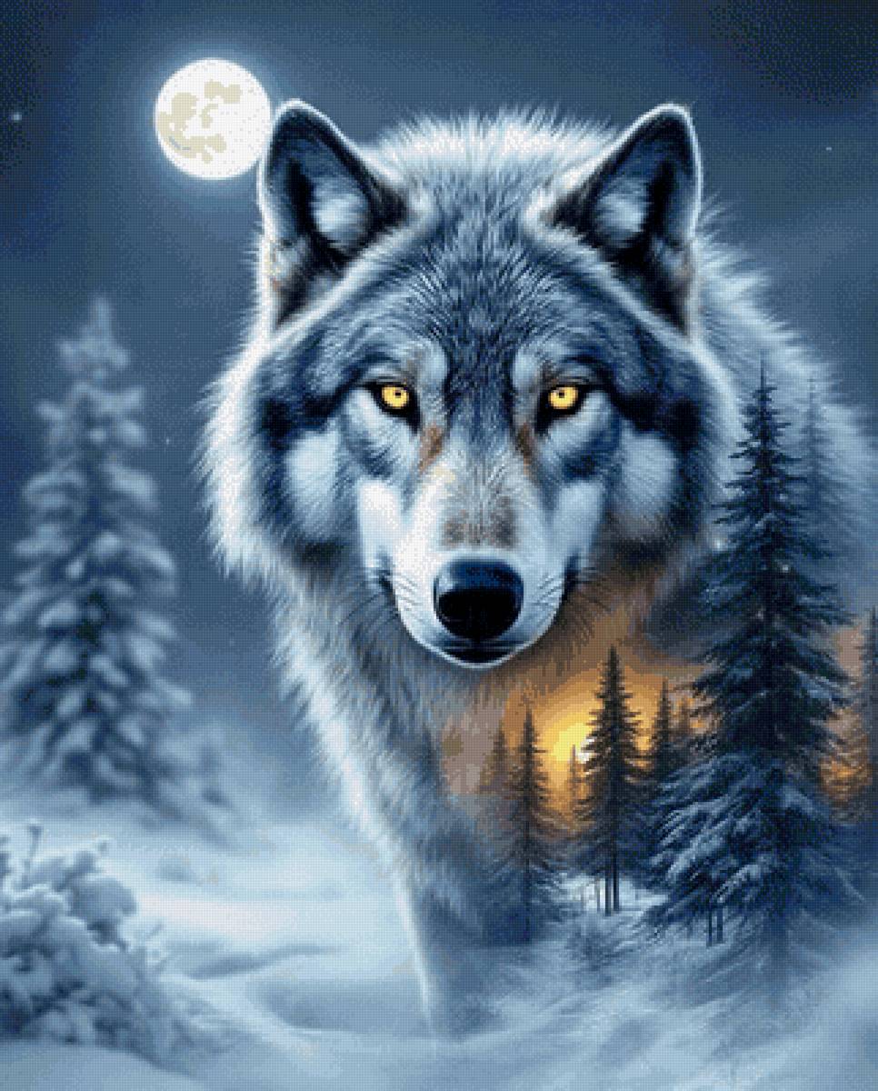 волк - лес, сумерки, волк, снег, ночь, туман - предпросмотр