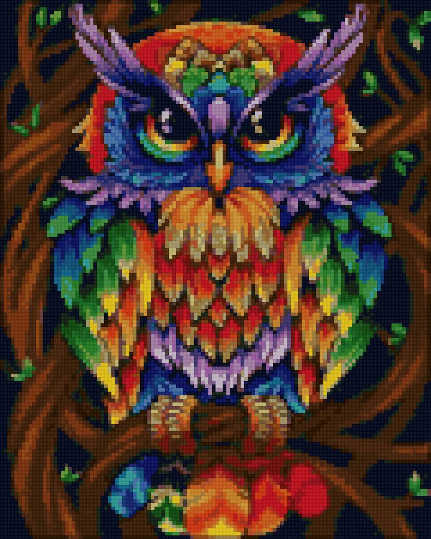 Радужная совушка - сова, птица, фэнтези-оперение - предпросмотр